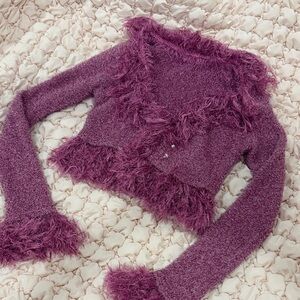 90s style fluffy trim plush Purple pink Sweater